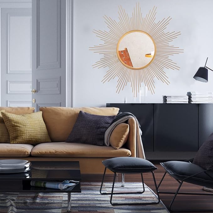 Cityelf 24'' Large Gold Sunburst Wall Mirror Boho Home Decor Round Wall Art Mirror for Living Room/Bedroom/Bathroom/Entryway