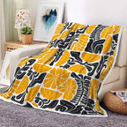 Boho Abstract Colorful Floral Throw Blanket, Vintage Retro Patchwork White Orange Black Flower Botanical Geometric Aesthetic Groovy Flannel Throw Blanket for Chair Bed Sofa Couch, 60X80IN