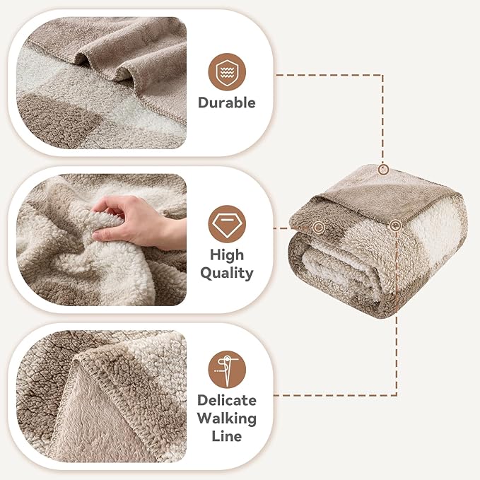 LURKA Checkered Sherpa Fleece Throw Blanket – Soft and Cozy, Medium Weight for All Season, Plush Throw for Couch, Bed, Dorm & Pets, Khaki, 60x80 Inches
