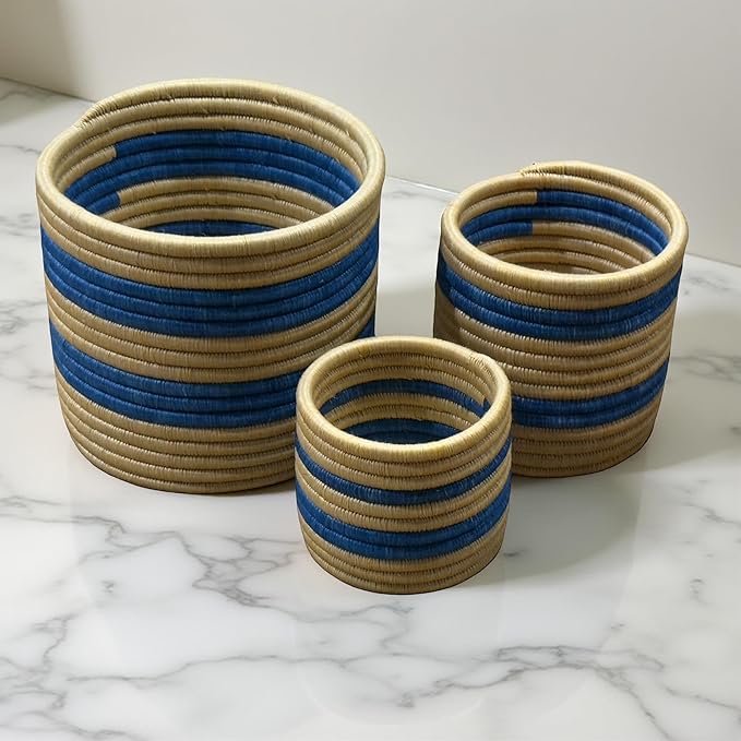 African Planter Baskets Sets of 3 Woven Sisal Baskets for Indoor Plant Pots Covers Home Decor Storage Organizer Gifts Zen Designs Arts and Crafts (Blue and Tan Stripe)