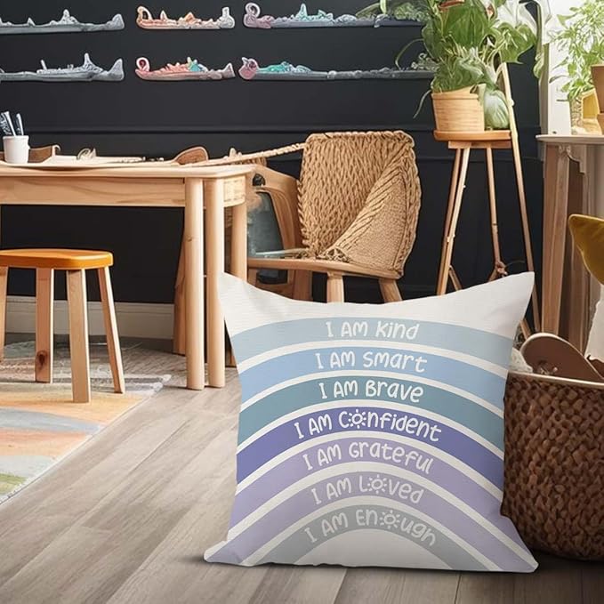 QIYUHOY Rainbow Classroom Throw Pillow Covers, Book Center Calming Corner Playroom Decor Pillow Case, Blue Pillow Cover, I Am Kind Smart Brave Confidence 18x18 Inch Pillowcase（Blue）