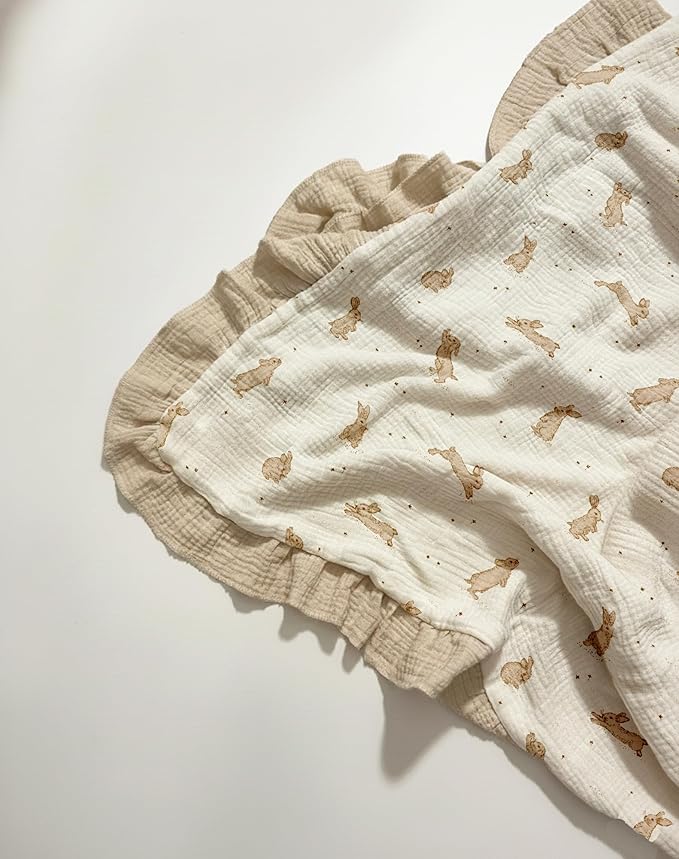 Muslin Ruffled Baby Blanket, Extra Large 52 x 52 Inches, Soft Breathable Cotton Crib Blanket for Newborn Infant Toddler (Costume Blue-Ruffled, Printed)