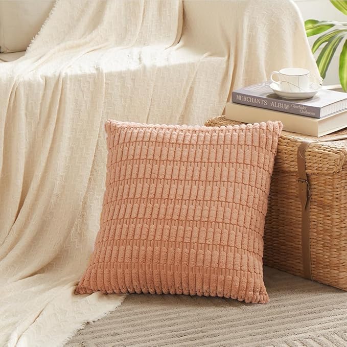 Fancy Homi 4 Packs Peach Decorative Throw Pillow Covers 16x16 Inch for Living Room Couch Bed, Rustic Modern Farmhouse Boho Home Decor, Soft Plush Corduroy Cute Square Accent Cushion Case 40x40 cm