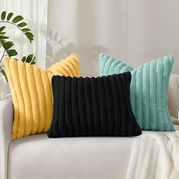 decorUhome Summer Cozy Faux Fur Throw Pillow Covers 26x26 Set of 2 Decorative Soft Plush Striped Modern Farmhouse Boho Couch Euro Sham Pillow Cases with Velvet Back for Sofa Bed Living Room, Aqua