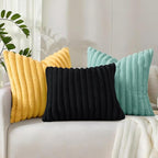 decorUhome Summer Cozy Faux Fur Throw Pillow Covers 22x22 Set of 2 Decorative Plush Striped Modern Farmhouse Boho Couch Euro Sham Pillow Cases with Velvet Back for Sofa Bed Living Room, Mustard Yellow