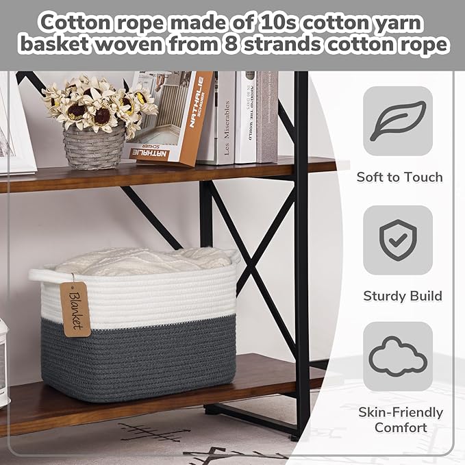Goodpick Woven Storage Basket for Shelves, Baskets for Organizing, Cotton Rope Baskets with Handles, Rectangle Basket for Baby Toy Storage, 13 x 10 x 9 Inches, White & Dark Gray