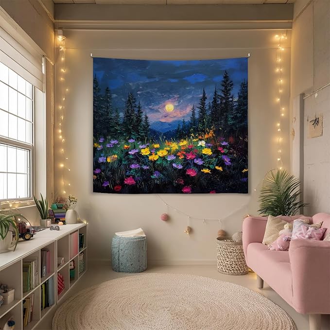 Moon and Wildflower Forest Wall Tapestry,Dark Moody Night Landscape Wall Tapestry, Oil Painting Style Soft Flannel Banner Decor for Bedroom,Dorm Living Room, Aesthetic Home Artwork 59x51 inch(Blue-Moon and Flower)