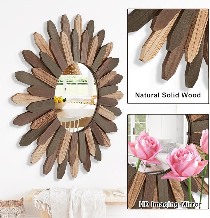 Emfogo Wall Mirror 21 inch Large Rustic Wood Boho Mirror Wall Decor Boho Room Decor Home Decor Aesthetic Farmhouse Decor for Bedroom Living Room Entryway(Tri-Color)