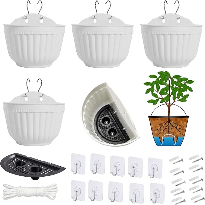5 Pack Resin Wall Hanging Planter Pot Vertical Garden Living Wall Mount Window Hang Indoor Outdoor Plant Flower Basket for Kitchen Herbs Balcony Railing Shelf Fence Bedroom Trellis Decor Modern White