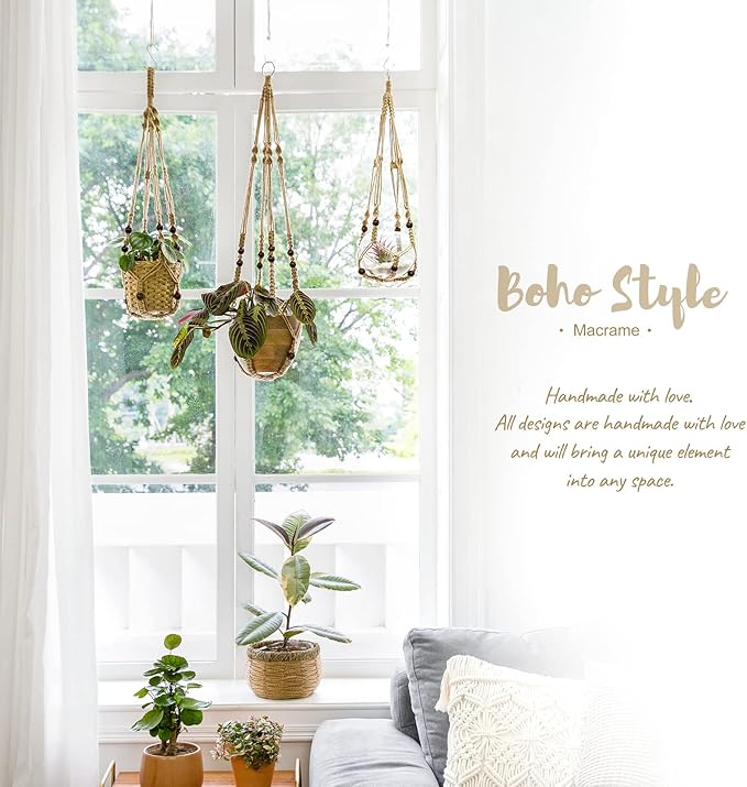 Mkono Macrame Plant Hangers Indoor Jute Hanging Planter Basket and Ceiling Hooks, Wood Beads Decorative Flower Pot Holder for Indoor Outdoor Boho Home Decor,Brown