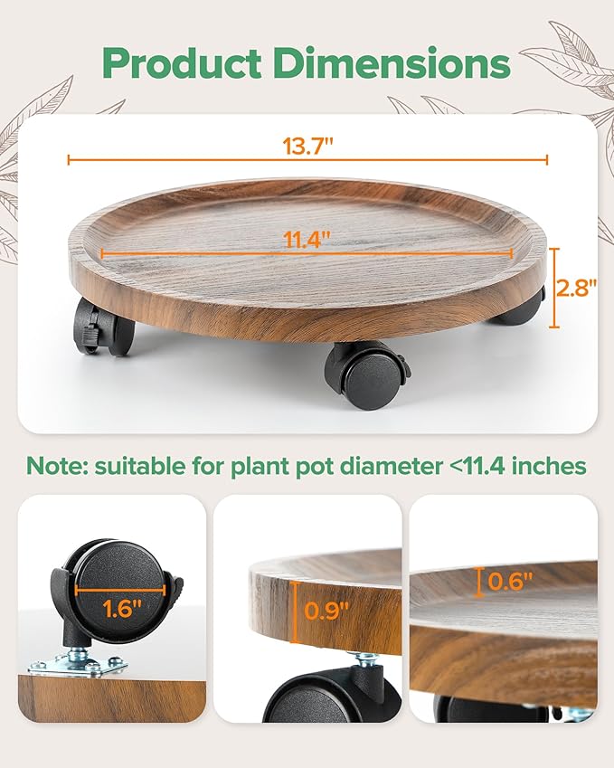 2 Pack Plant Caddy with Wheels, 14" Wood Rolling Plant Stand with 360° Lockable Wheels, Plant Stands Outdoor for Large Plants, Flower Cart Plant Dolly Plant Caster for Heavy Objects, Walnut