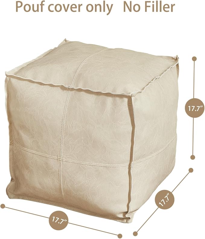 Louis Donné Square Pouf Ottoman Cover Leather Unstuffed Handmade Faux PU Foot Stool Storage Ottoman 17.7" Grey White Poufs Foot Rest for Living Room Floor Chair Christmas Decorations Gift (ONLY Cover)