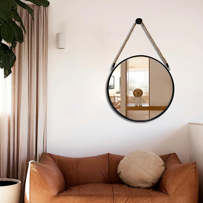 POZINO Round Hanging Mirror, 20" Rope Wall Mirrors Decorative, Black Metal Frame Circle Mirrors, Farmhouse Wall Mounted Mirrors for Bathroom, Bedroom, Living Room, Entryway, Home Decor