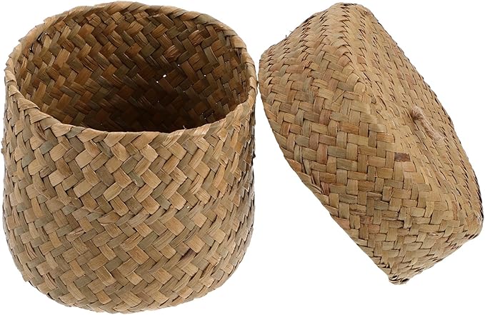 PRETYZOOM Woven Flower Basket with Lid Handmade Mini Storage Container for Sundries Seagrass Decorative Box for Home Parties and Flower Shops