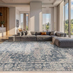 10x14 Area Rugs for Living Room Bedroom, Large Washable Rug, Blue Vintage Retro Boho Rug, Non Slip & Low Pile Faux Wool Thin Carpet for Indoor Dining Room and Kids Room(Blue 10x14ft)