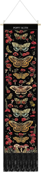 Tegeme Vintage Tapestry 52 x 13 Inch, Long Vertical Wall Hanging Reference Illustrative Botanical Insect Tassel Tapestry for Bedroom Living Room Home Decoration (Poppy Moth)