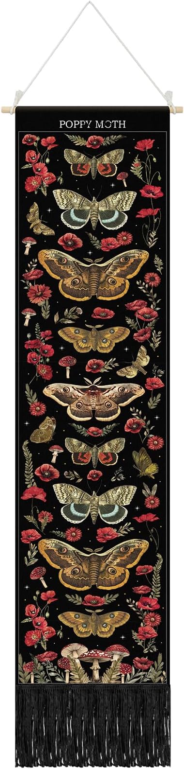 Tegeme Vintage Tapestry 52 x 13 Inch, Long Vertical Wall Hanging Reference Illustrative Botanical Insect Tassel Tapestry for Bedroom Living Room Home Decoration (Poppy Moth)