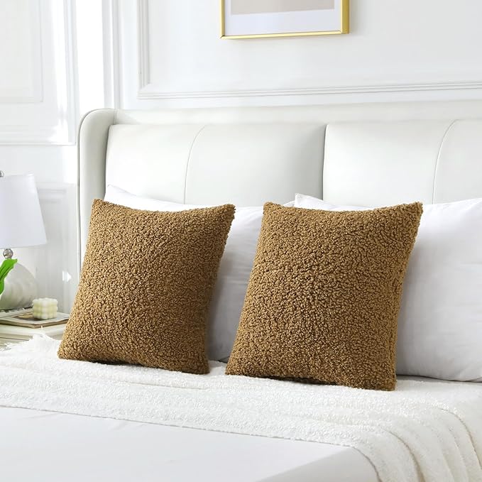 FUTEI Khaki Throw Pillow Covers 26x26 Inch Set of 2,Furry Faux Fur Teddy Boucle Textured Cushion Covers,Soft Fluffy Decorative Euro Pillow Shams,Home Decor for Couch Bed Living Room Office Car