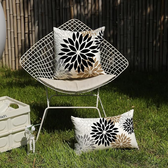 DFXSZ Black Brown Pillow Covers 12x20 Inch Set of 2 White Gray Flower Throw Pillows Farmhouse Outdoor Modern Floral Linen Square Cushion Case Decor for Living Room Sofa Patio Funiture Garden 002B12