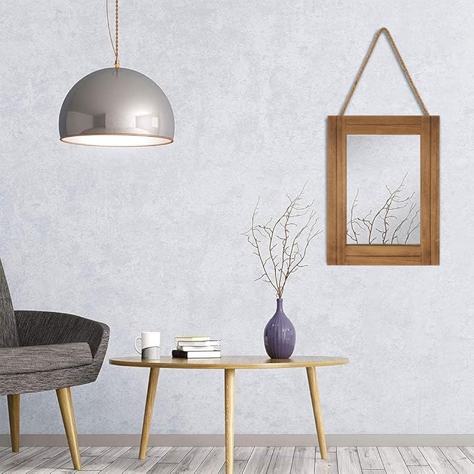 DECORKEY Rectangle Wall Mirror for Bathroom, Distressed White Wood Decor with Hanging Rope for Rustic Home Decor, Vanity, Living Room 12"×16"（Wooden）