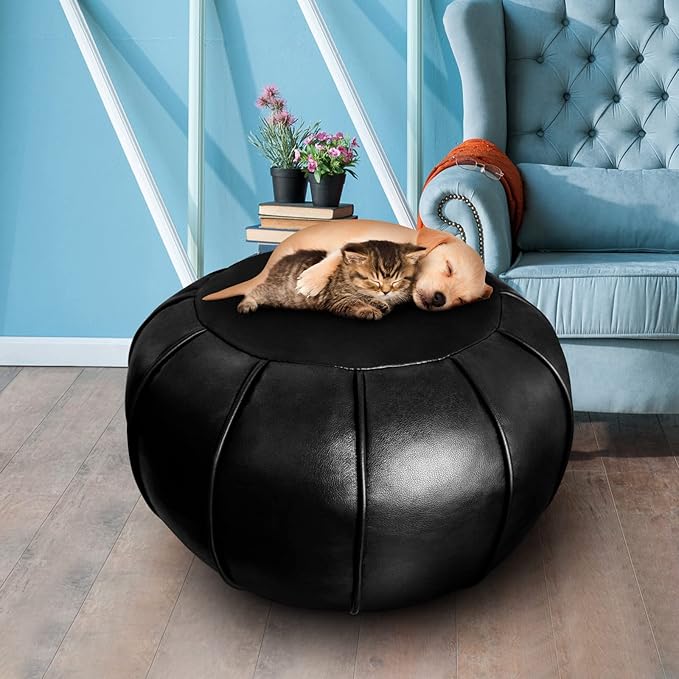 Louis Donné Unstuffed Moroccan Ottoman Pouf Cover, Foot Stool/Ottoman Foot Rest Replacement Cover, Balcony & Indoor Use, 21dia Black (ONLY Cover)