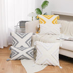 Boho White Throw Pillow Cover 18x18 Inch with Tassels, Geometric Tufted Decorative Cream Chenille Fabric Accent Textured Cushion Case for Bed Couch, 1 PC Cover Only No Insert