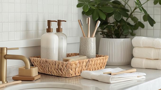 Small Wicker Basket Tray 2 Pack, Small Rattan Basket Set for Gifts,Entryway Console,Tabletop,Office | Woven Wicker Decorative Desk Baskets for Organizing