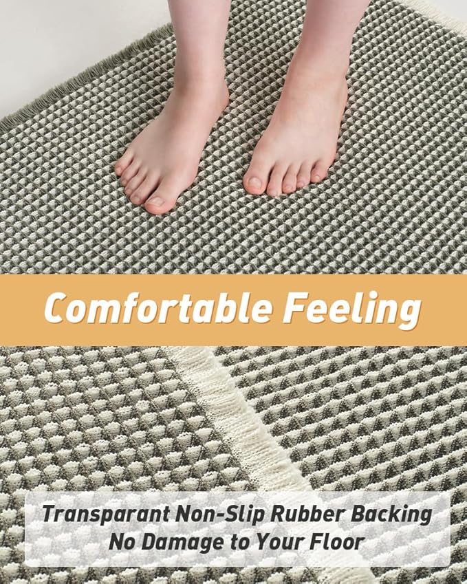 AMOAMI Upgraded Waffle Runner Rug Super Absorbent Non Slip Bath Mats for Bathroom Machine Washable Bathroom Runner Rug with Tassels, Ideal for Hallway Bedroom Laundry Room, 2' x 5', Green & Cream