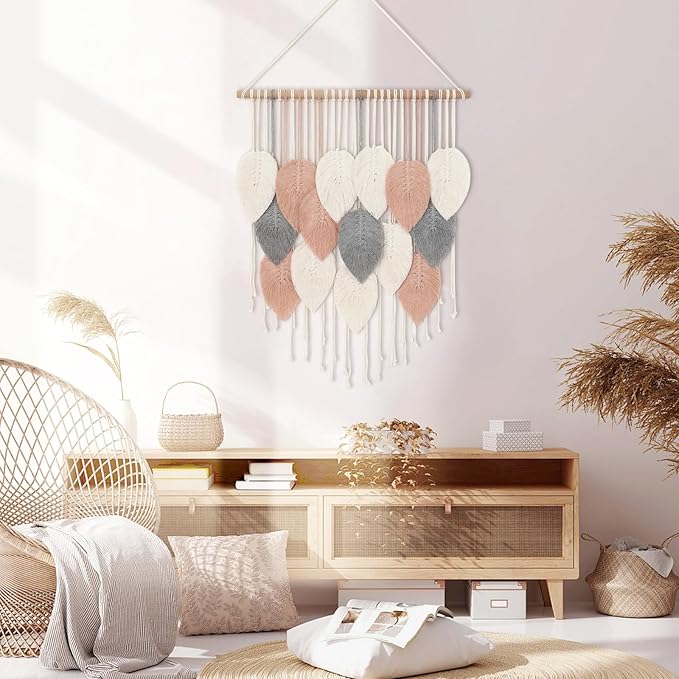 Alynsehom Macrame Wall Hanging, Boho Woven Tapestry, Chic Modern Bohemian Handmade Leaf Feather Wall Art Home Decor for Apartment Dorm Living Room Bedroom Nursery Backdrop(23.6" W X 29.5" L)