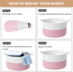 ShellKingdom Laundry Basket, Large Natural Rope Woven Storage Basket with Handles for Home, Living Room, Laundry, Storage Organizer for Blankets, Clothes, Toys, 13.78 x 21.65 INCH (2-Toned White Pink)