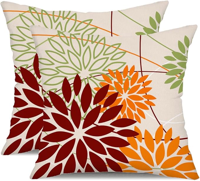 DFXSZ Red Orange Fall Pillow Cover 16X16 Inch Set of 2 Outdoor Waterproof Floral Orange Decorative Pillowcase Decor for Couch Patio Funiture Garden Print Polyester Cushion Cover 01N18
