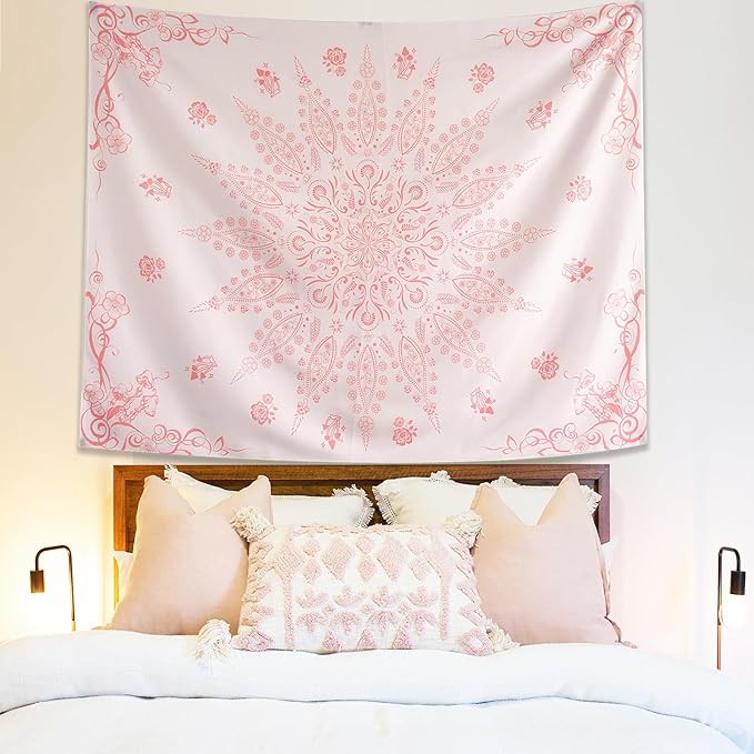 KJHL Floral Bohemian Tapestry Black and White Flower Aesthetic Tapestry Mandala Room Decor Wall Hanging Boho Tapestries for Bedroom Dorm(Pink, 59" x 79")