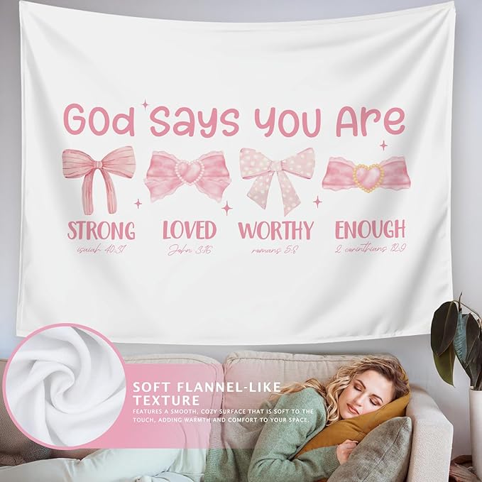 LIANGW Pink Coquette Bow Christian Tapestry, Inspirational Christian Tapestry for Women, Indoor Outdoor Wall Art Tapestries for Bedroom, Girl pink Room Decoration Living Room Bedroom 50x60 inches