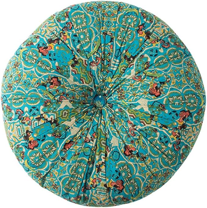 Round Bohemian Floor Pillow, Meditation Floor Seat Cushion, Large Soft Cotton Linen Pillows for Yoga Living Room Balcony Outdoor Tatami, 22x22 Inches (Round Blue)