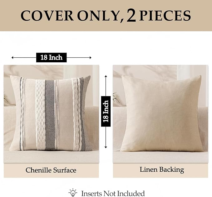 ANRODUO Pack of 2 Boho Decorative Throw Pillow Covers 18x18 Farmhouse Cushion Case Striped Chenille Pillow Cases Square Pillow Covers Accent Neutral Pillowcase for Sofa Couch Bed, White Stripe