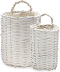 AuldHome Design Wall Hanging Baskets (White, Set of 2); Woven WIcker Rustic Farmhouse White Washed Door Baskets, Small and Medium Size
