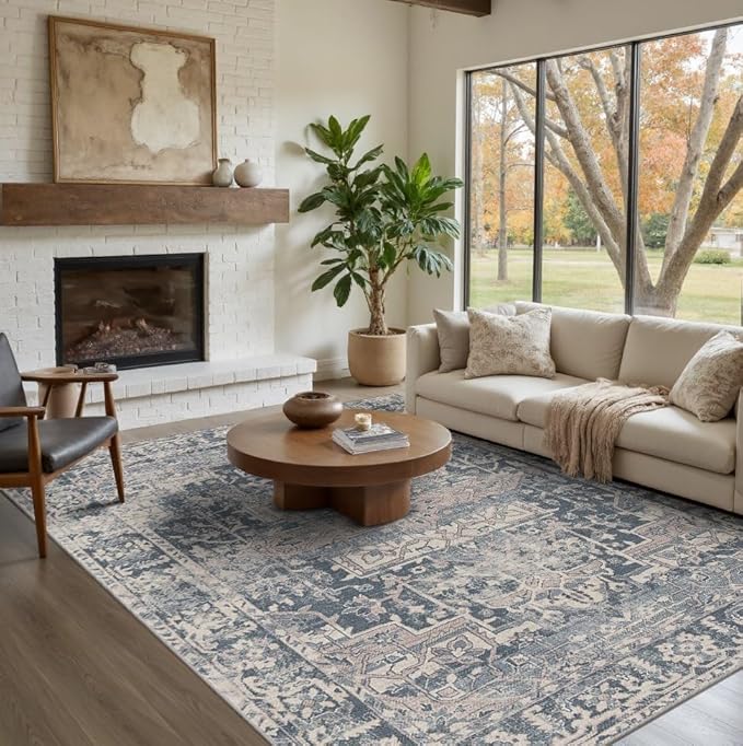 5x7 Area Rugs for Living Room Bedroom, Blue Washable Rug, Vintage Retro Boho Rug, Non Slip & Low Pile Faux Wool Thin Carpet for Indoor Dining Room and Kids Room(Blue 5x7ft)