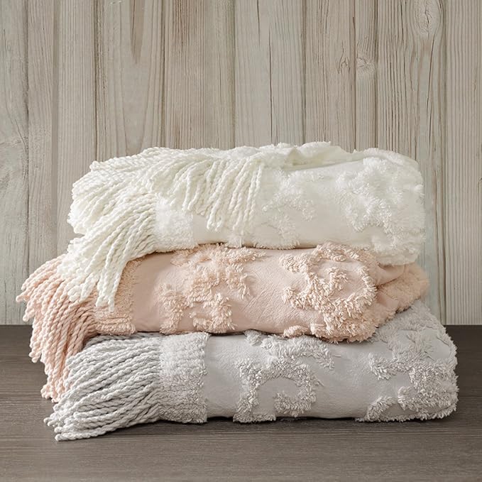 Madison Park 100% Cotton Tufted Chenille Design With Fringe Tassel Luxury Elegant Chic Lightweight, Breathable Cover, Luxe Cottage Room Décor Summer Blanket, 50" x 60", Grey