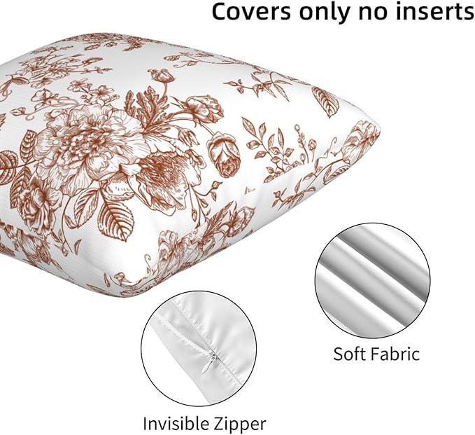 Chinoiserie Brown and White Pillow Covers 18x18 Set of 2, Vintage Rustic Flower Floral Throw Pillow Covers Outdoor Decorative Pillow Case for Couch Bed Sofa Cushion Home Decor