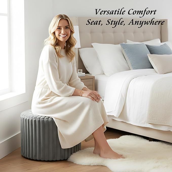 LITA Round Stuffed Pouf Ottoman, Corduroy Poufs with High-Density Foam Filling and Washable Cover, Furry and Fluffy Bean Bag Foot Stools Ottoman for Living Room, Bedroom, Office, Grey, Round