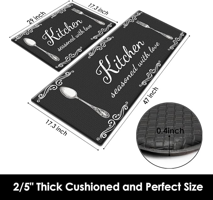 Arttown Black Anti-Fatigue Kitchen Rug Set of 2 Farmhouse Rustic Cushioned Floor Standing Mat Waterproof Non-Slip Mat and PVC Ergonomic Comfort Foam Rug