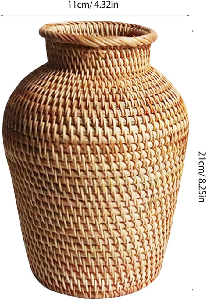 Wicker Flower Basket Vase Rustic Rattan Plant Holder Basket Woven Straw Dried Flower Vase Country Style Decorative French Tall Floor for Bathroom Bedroom Living Room