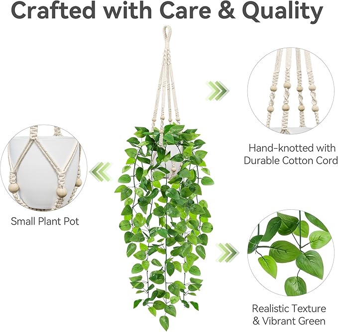 USLAI Fake Hanging Plant, Artificial Pothos Vines Greenery with Pot and Macrame Plant Hanger for Indoor Outdoor Boho Decor