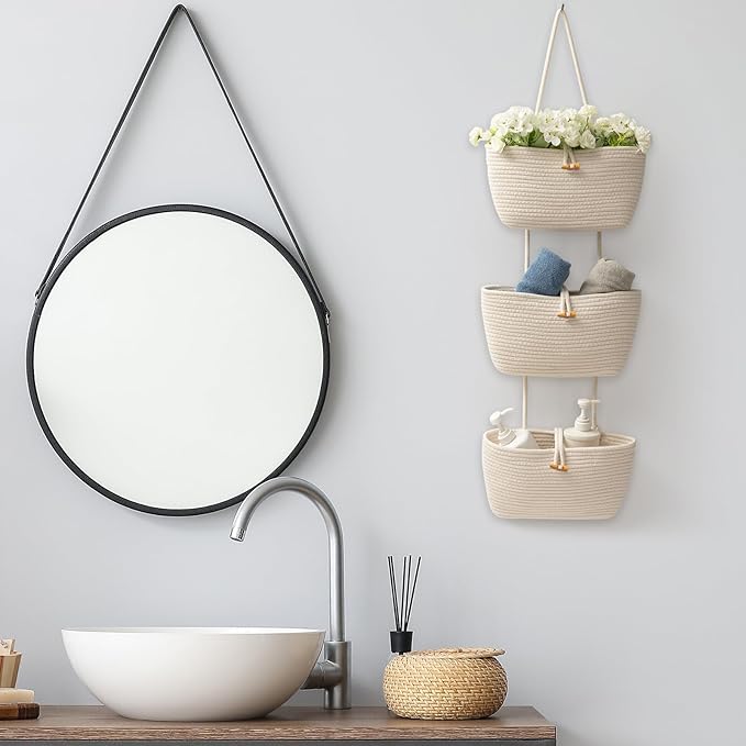 TeoKJ Over the Door Hanging Baskets with Button Strap, 3-Tier Woven Cotton Storage Organizer Bag, Wall-Mounted with Hook Decorative Hanging Kitchen Baskets - White