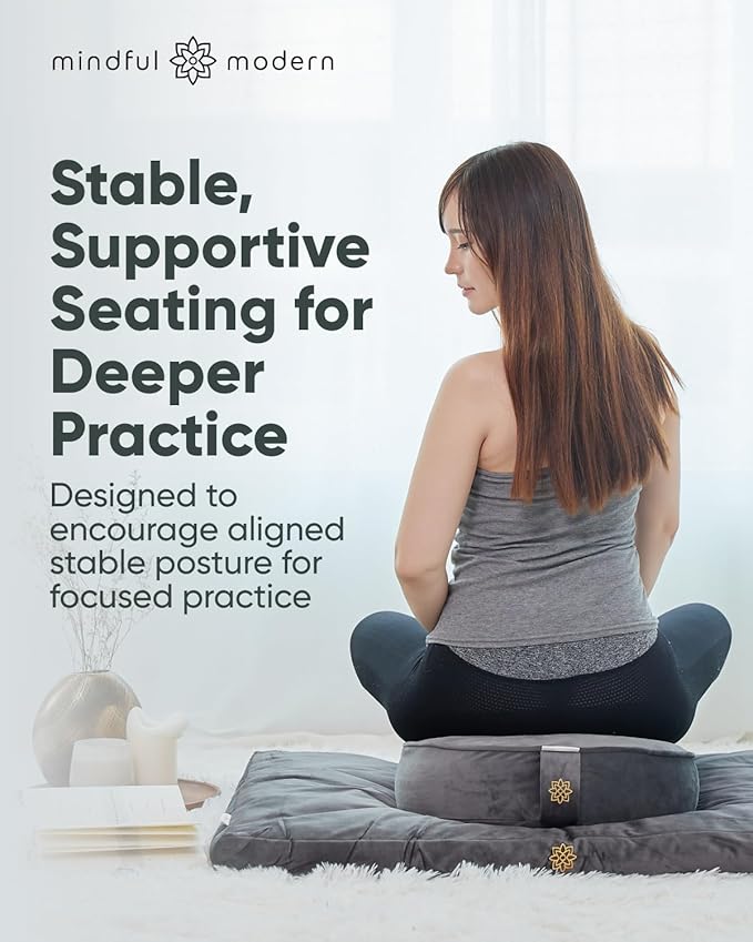 Mindful Modern Velvet Meditation Cushion | Luxe Zafu Yoga Floor Pillow Seat | Posture Support | Buckwheat Hull Filled | Large Round Cushion with Removable Washable Cover + Carry Handle
