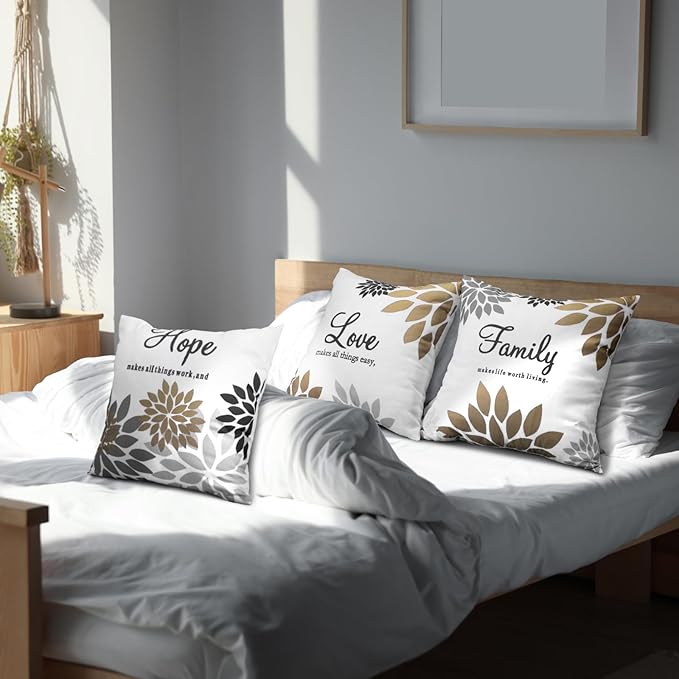 Tatuo 4 Pcs Flower Pillow Covers Square Spring Pillow Cushion Cases 18 x 18 Inch Family Faith Hope Love Words Decorative Summer Winter Cushion Case for Bed Couch Sofa Living Room(Brown Series)