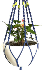 6 Legs Macrame Natural Jute and Cotton Plant Hanger & Holder and Metal Ring, 51-inches Length (Without The White Pot and Plant) (Navy Blue)