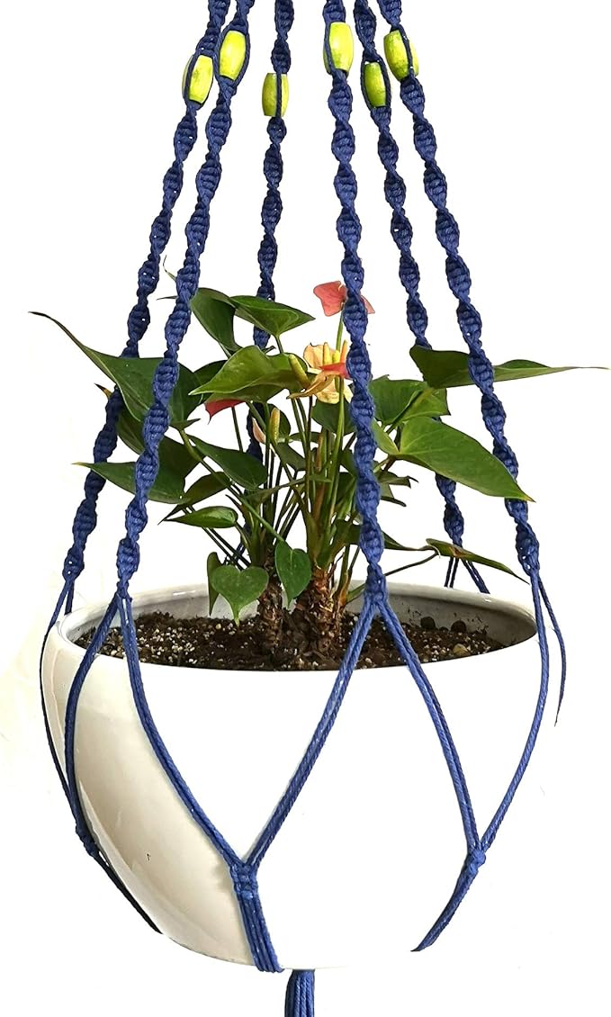 6 Legs Macrame Natural Jute and Cotton Plant Hanger & Holder and Metal Ring, 51-inches Length (Without The White Pot and Plant) (Navy Blue)