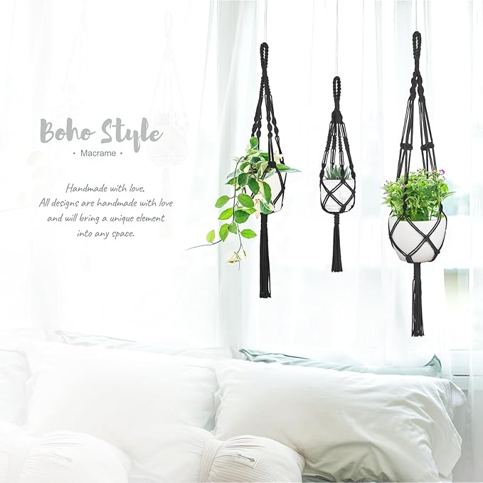 Mkono 3 Pack Macrame Plant Hangers, Different Sizes Hanging Planters Indoor Basket Decorative Flower Pots Holder Stand Boho Home Decor, Black