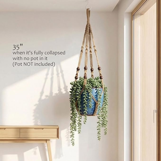Macrame Plant Hanger 35", Set of 2 No Tassel Hanging Plant Holder, Sturdy Flower Pot Holder with 4 Hooks - Brown